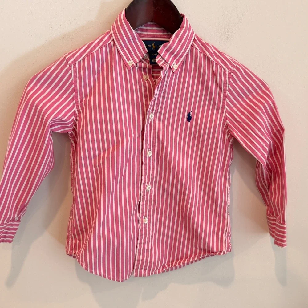 Ralph Lauren Kids Pink White Striped Button Down Shirt Cotton Size 4T Pony Logo